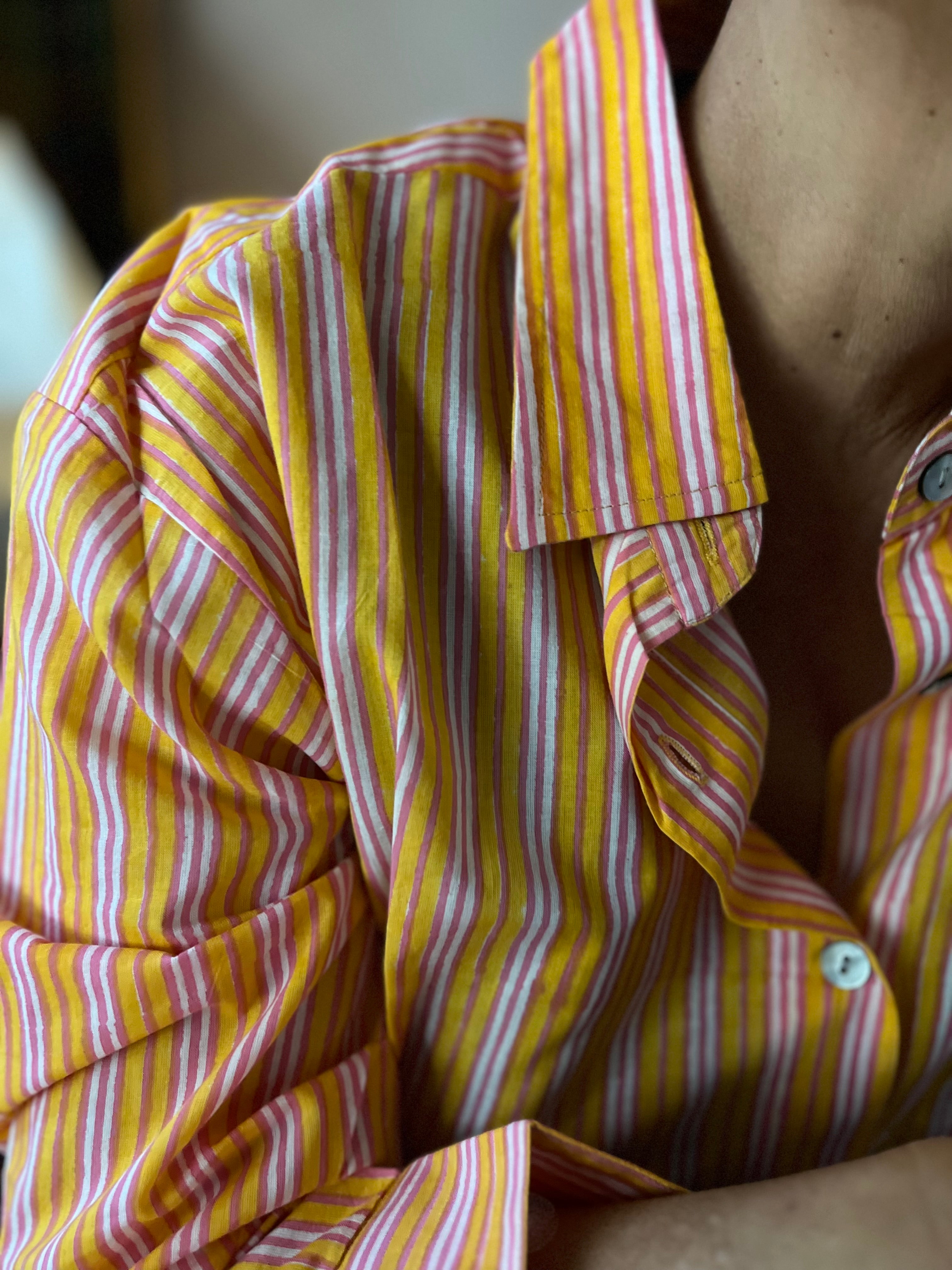 Striped Shirt - Woodblock Printed Cotton - Orange Sherbert