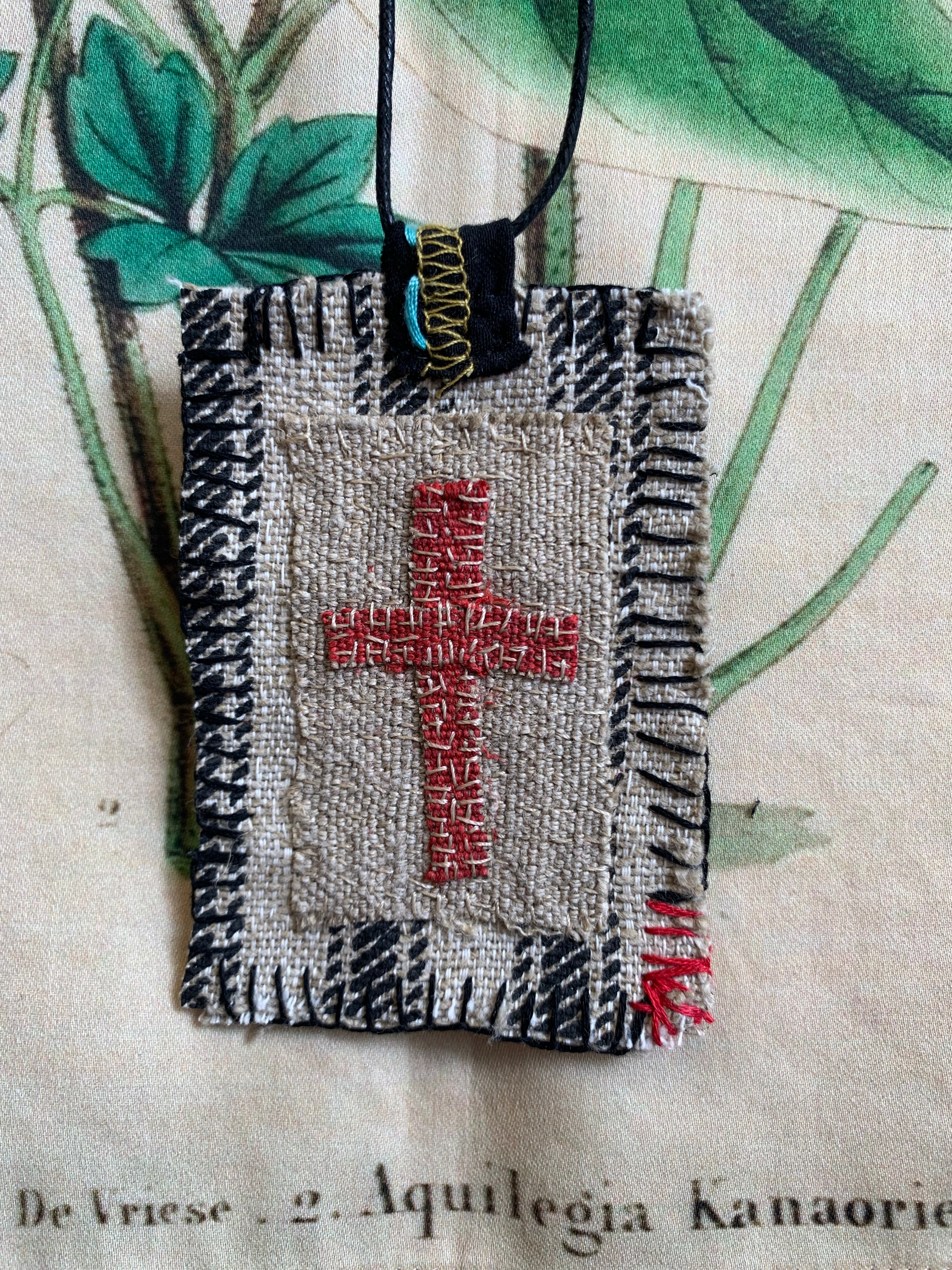Hand sewn talisman: The cross: 'As Above, so Below'.
