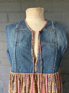 Gypsy Dress (sleeveless) -  Pink Woodblock Printed Cotton with Repurposed Denim