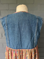 Load image into Gallery viewer, Gypsy Dress (sleeveless) -  Pink Woodblock Printed Cotton with Repurposed Denim
