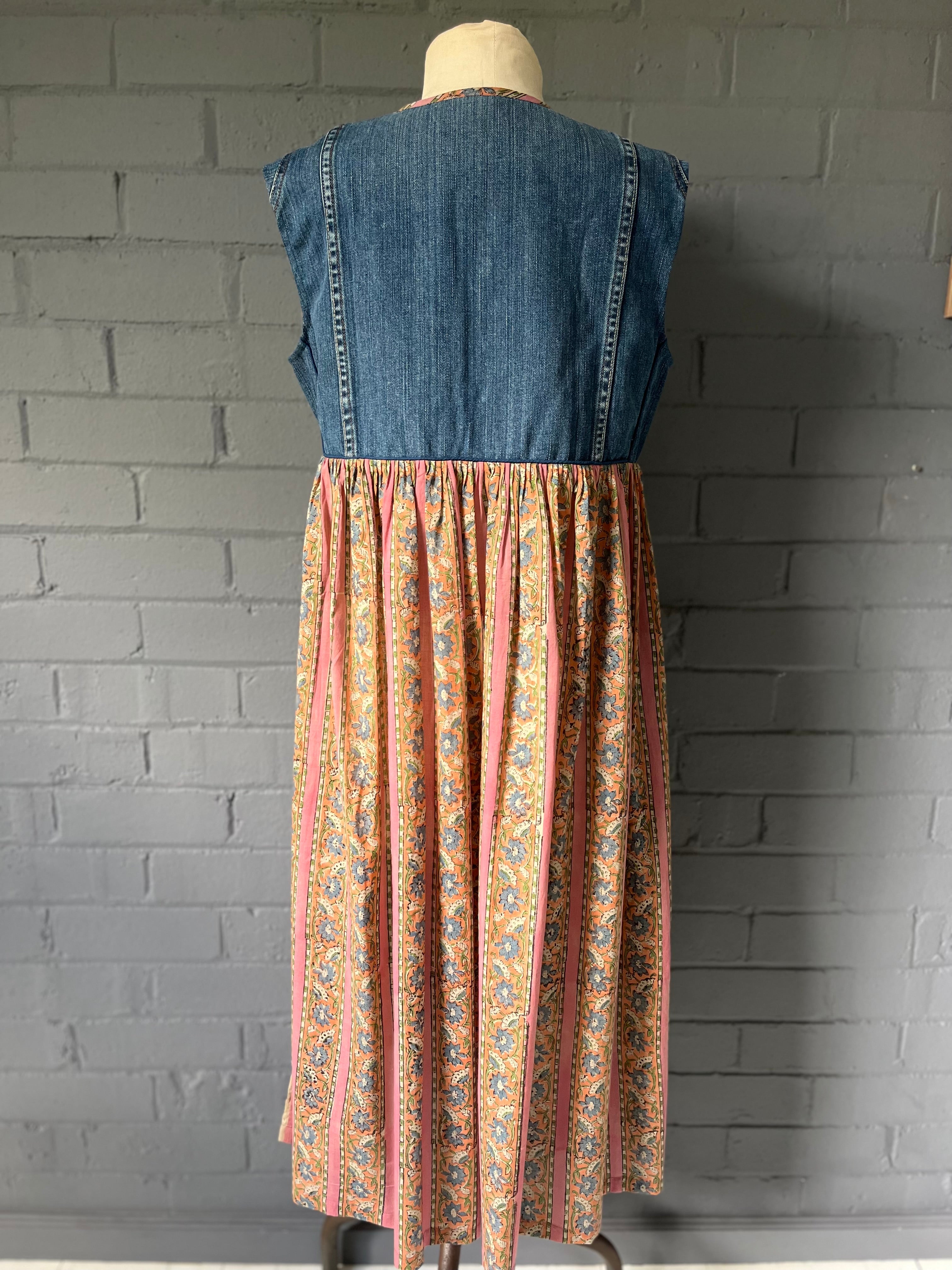 Gypsy Dress (sleeveless) -  Pink Woodblock Printed Cotton with Repurposed Denim