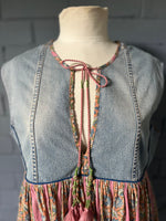 Load image into Gallery viewer, Gypsy Dress (sleeveless) -  Pink Woodblock Printed Cotton with Repurposed Denim
