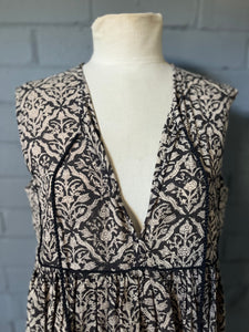 Gypsy Dress (sleeveless) -  Black and White Woodblock Printed Cotton