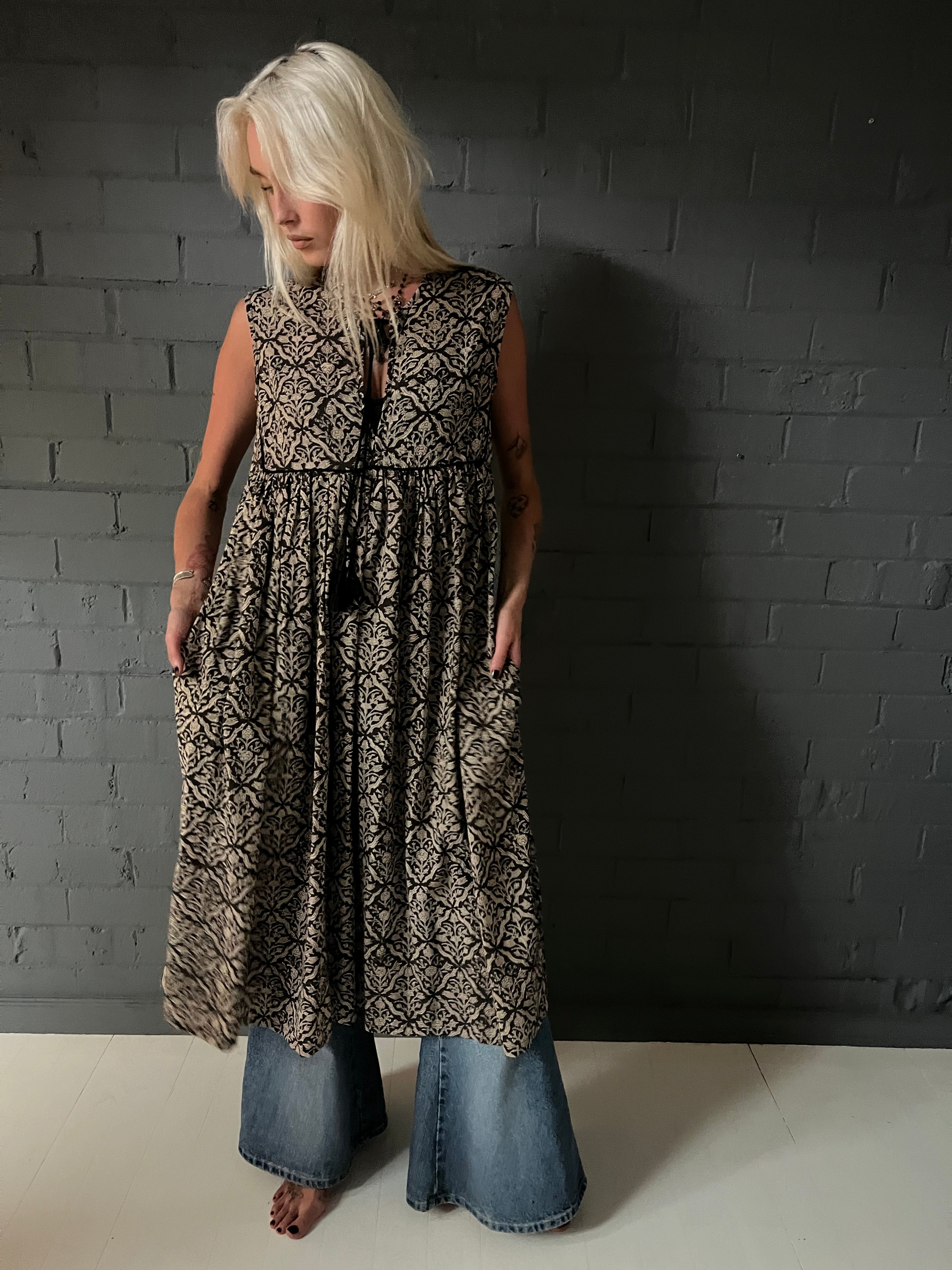 Gypsy Dress (sleeveless) -  Black and White Woodblock Printed Cotton