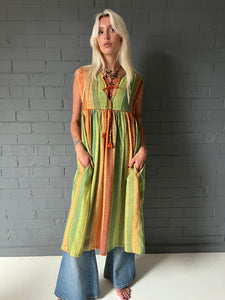 Gypsy Dress (sleeveless) - Khadi Digital Print Muted Stripes