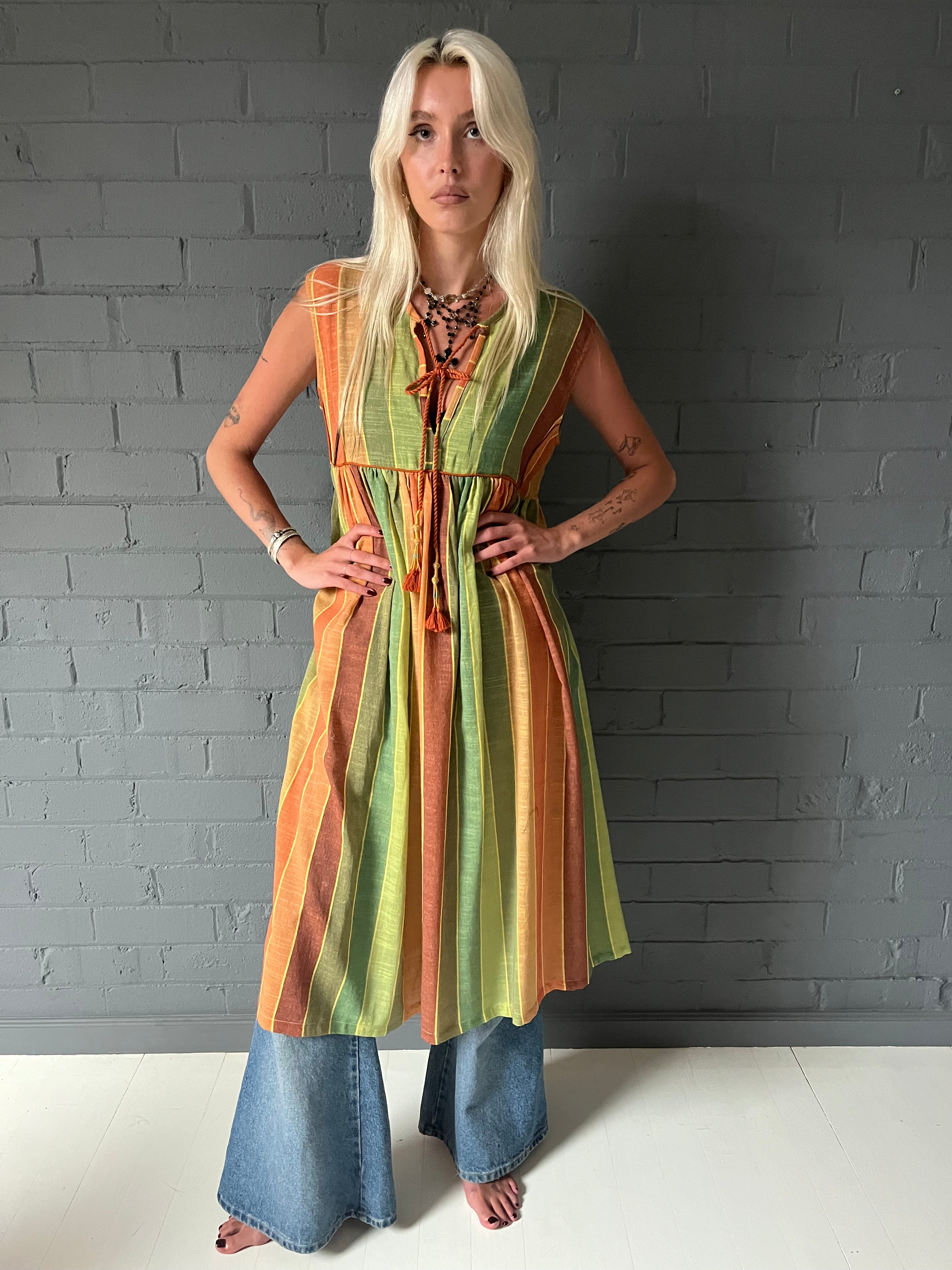 Gypsy Dress (sleeveless) - Khadi Digital Print Muted Stripes