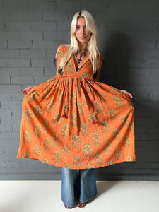 Gypsy Dress (sleeveless) - Khadi Digital Print Orange Floral