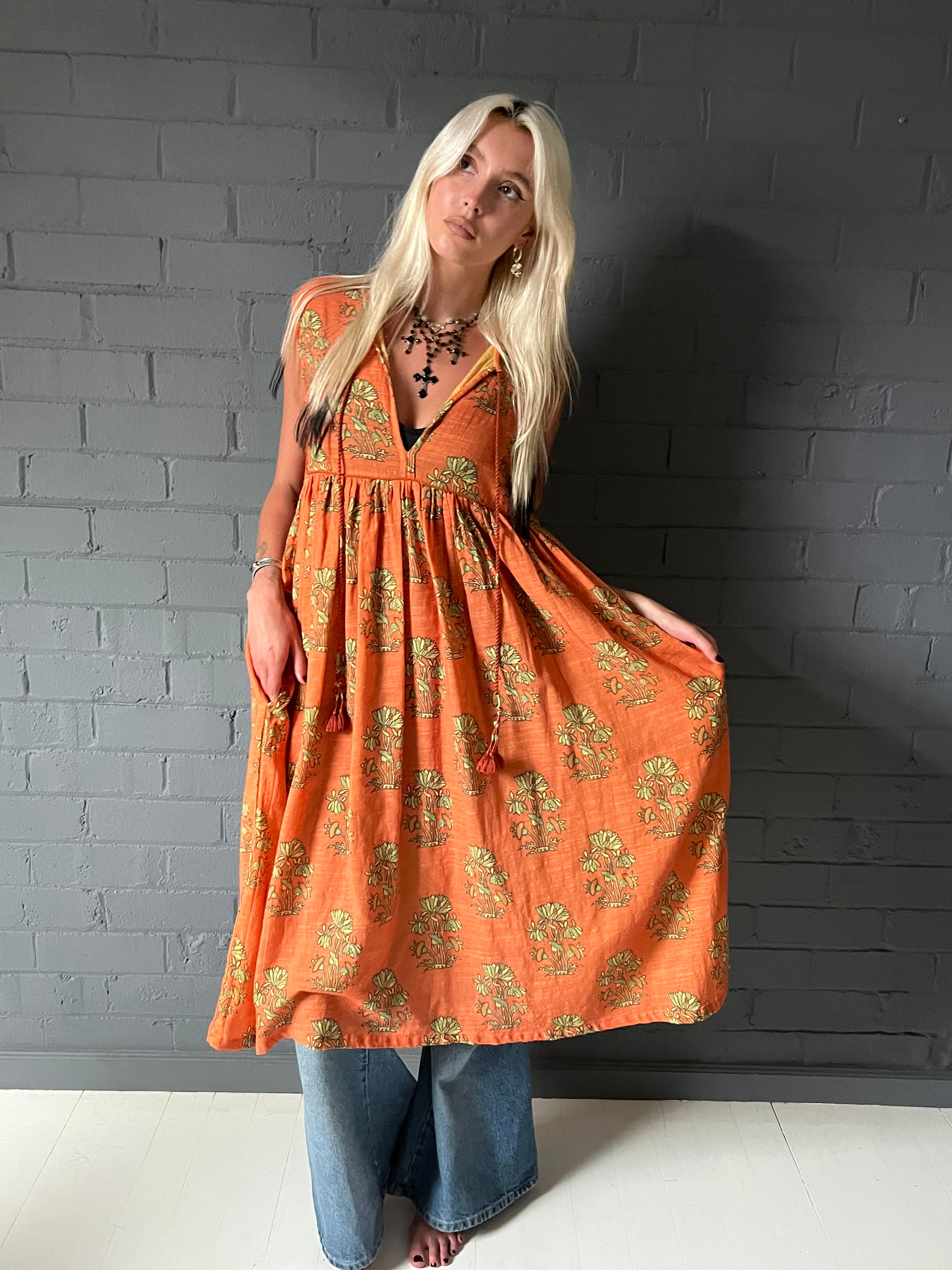 Gypsy Dress (sleeveless) - Khadi Digital Print Orange Floral