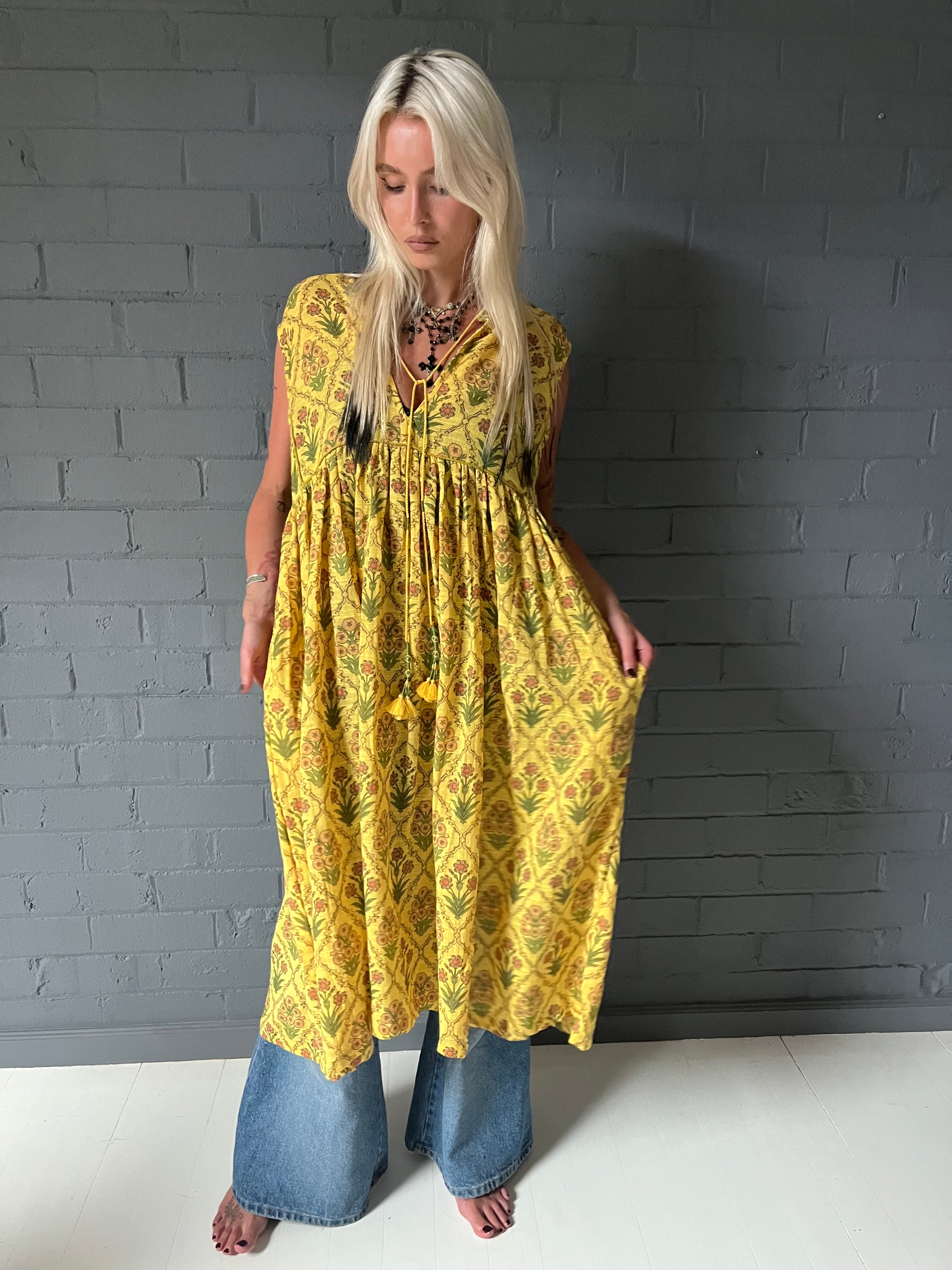 Gypsy Dress (sleeveless) - Khadi Digital Print Yellow