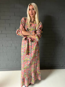 The Wrap Maxi Dress - Woodblock Printed Cotton - Coral Pink Floral