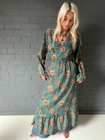 Load image into Gallery viewer, The Wrap Maxi Dress - Woodblock Printed Cotton - Floral Deep Teal
