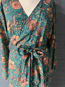 The Wrap Maxi Dress - Woodblock Printed Cotton - Floral Deep Teal