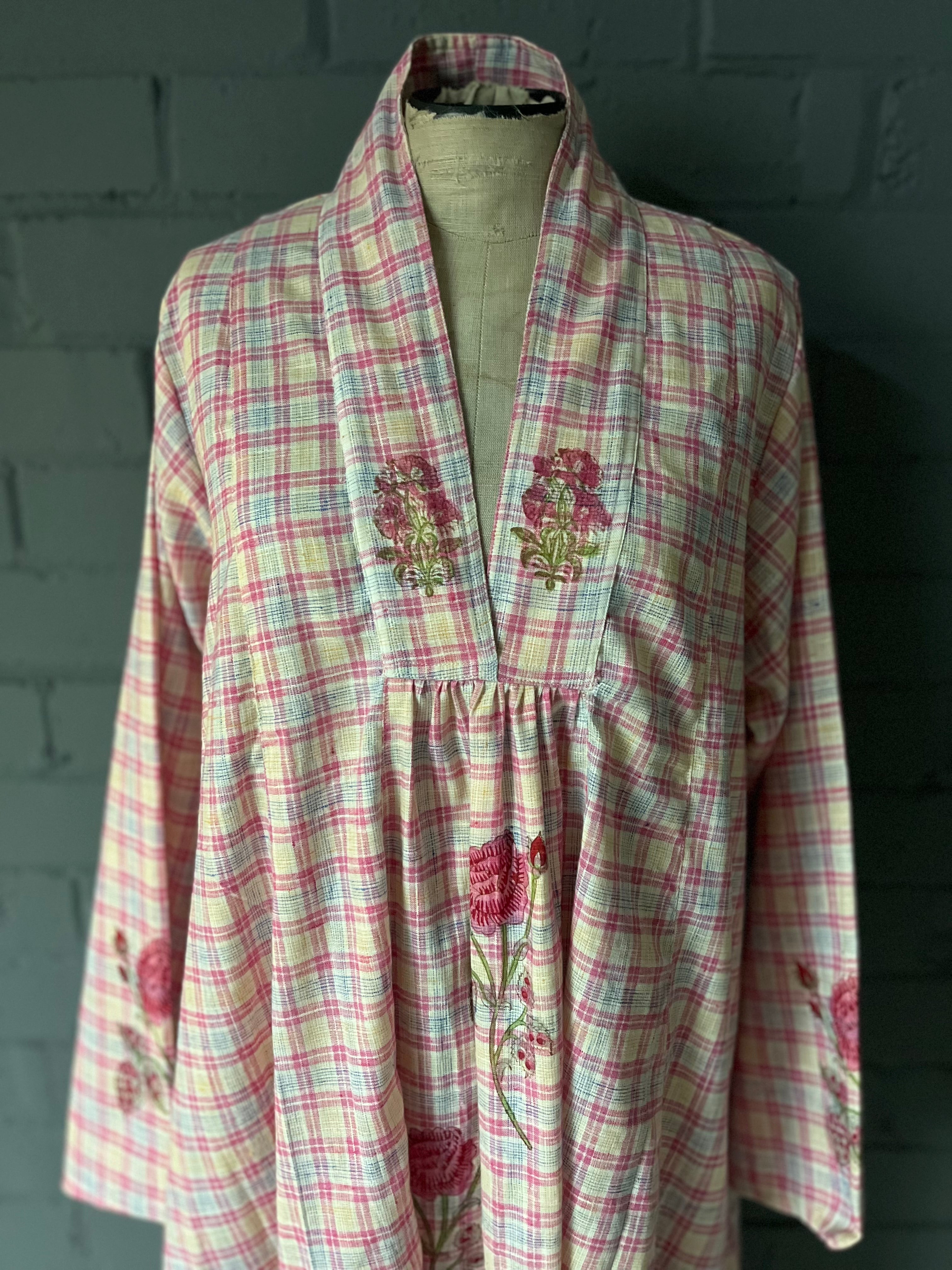 The Grace Dress - Pastel Plaid Cotton with Rose Woodblock Print - L