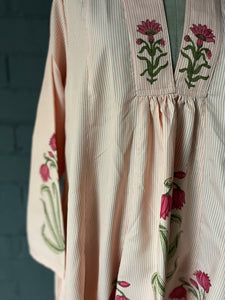 The Grace Dress - Coral and white stripe with Woodblock Print - L