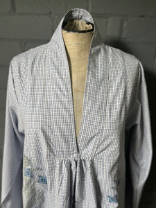 The Grace Dress - White, Blue and Black Plaid with Floral Woodblocking - S