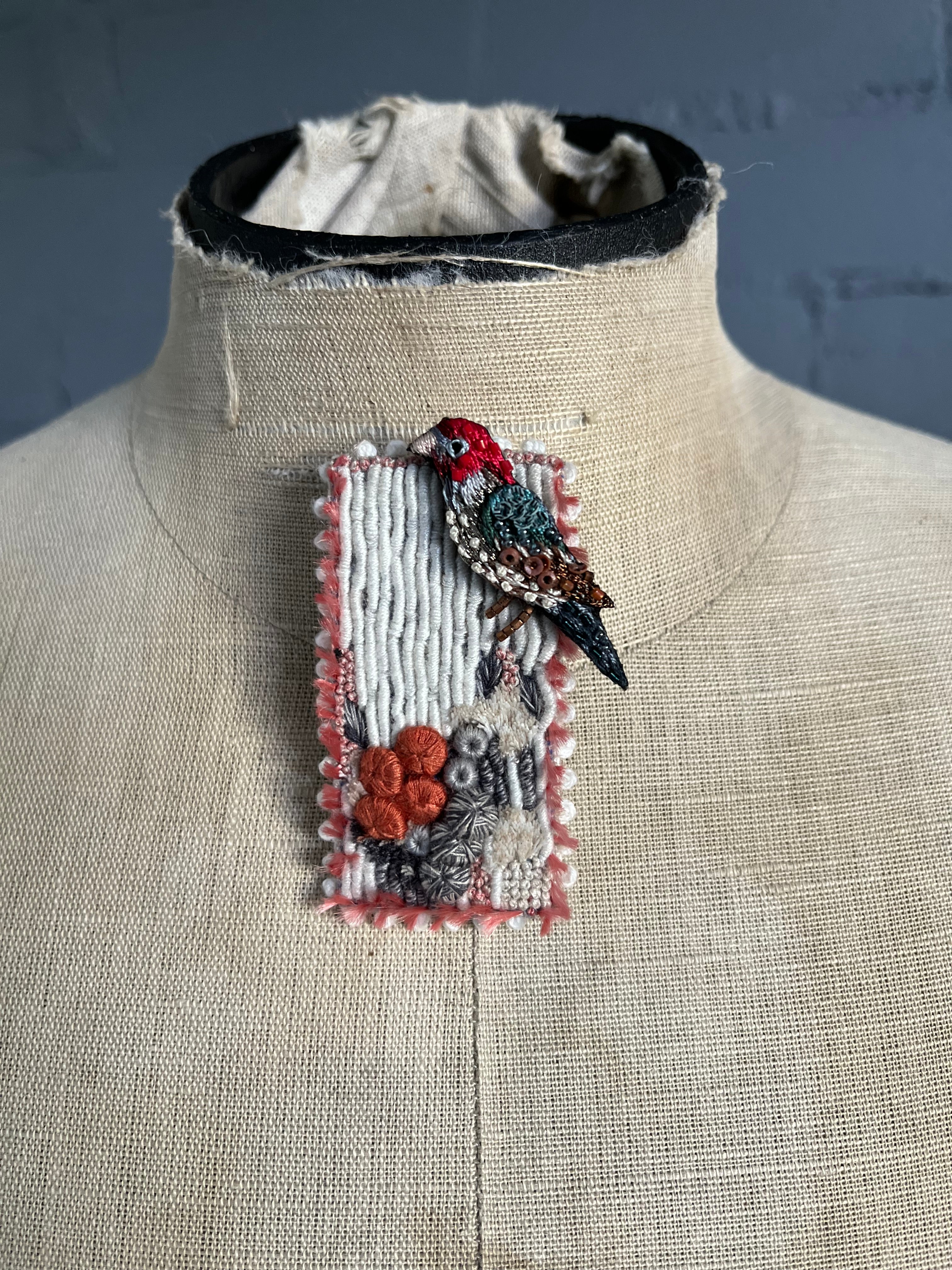 Handmade Brooch Pin - Songbird in the Shrubs