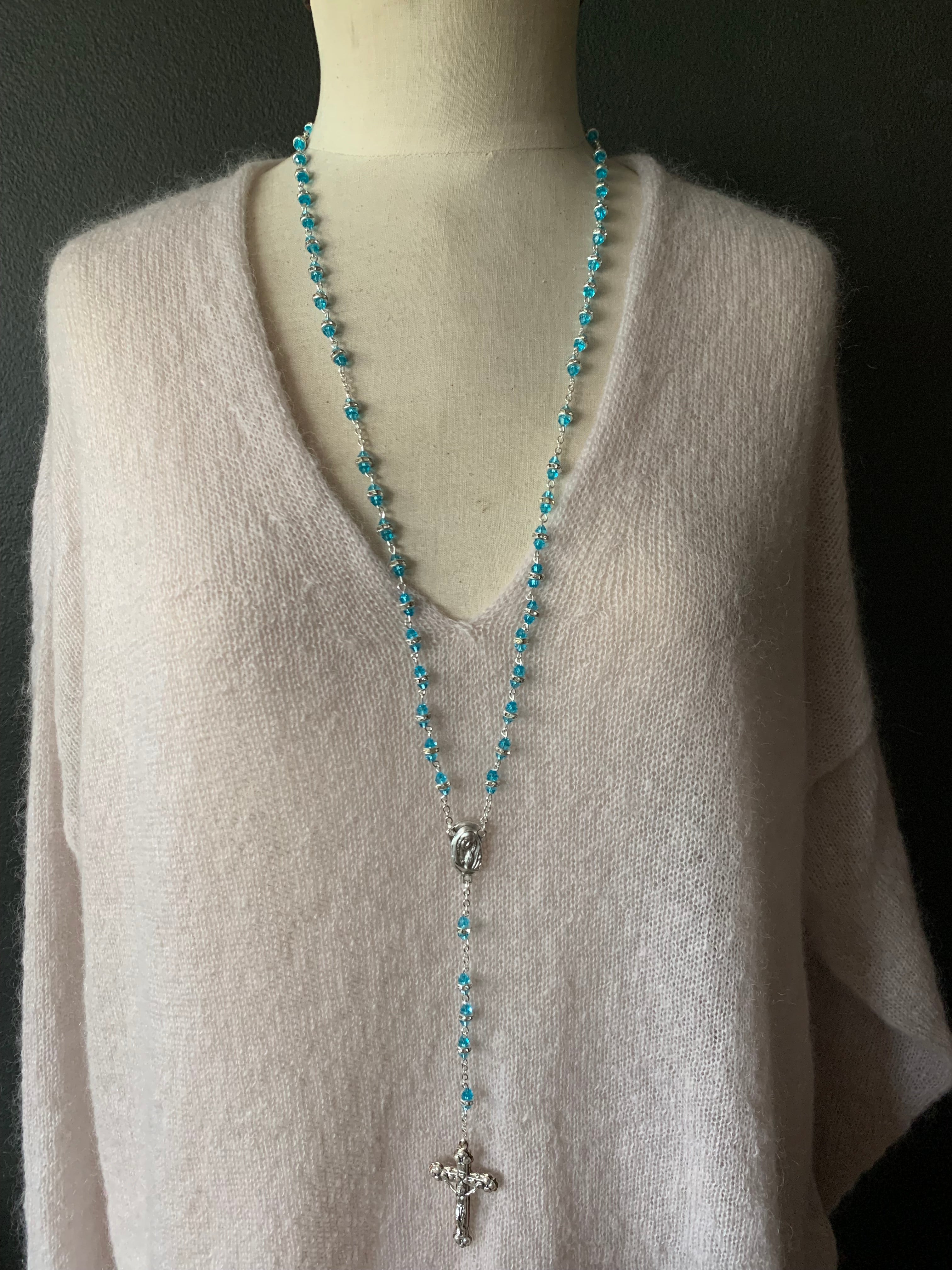 Glass Rosary - Double Bead in Aqua