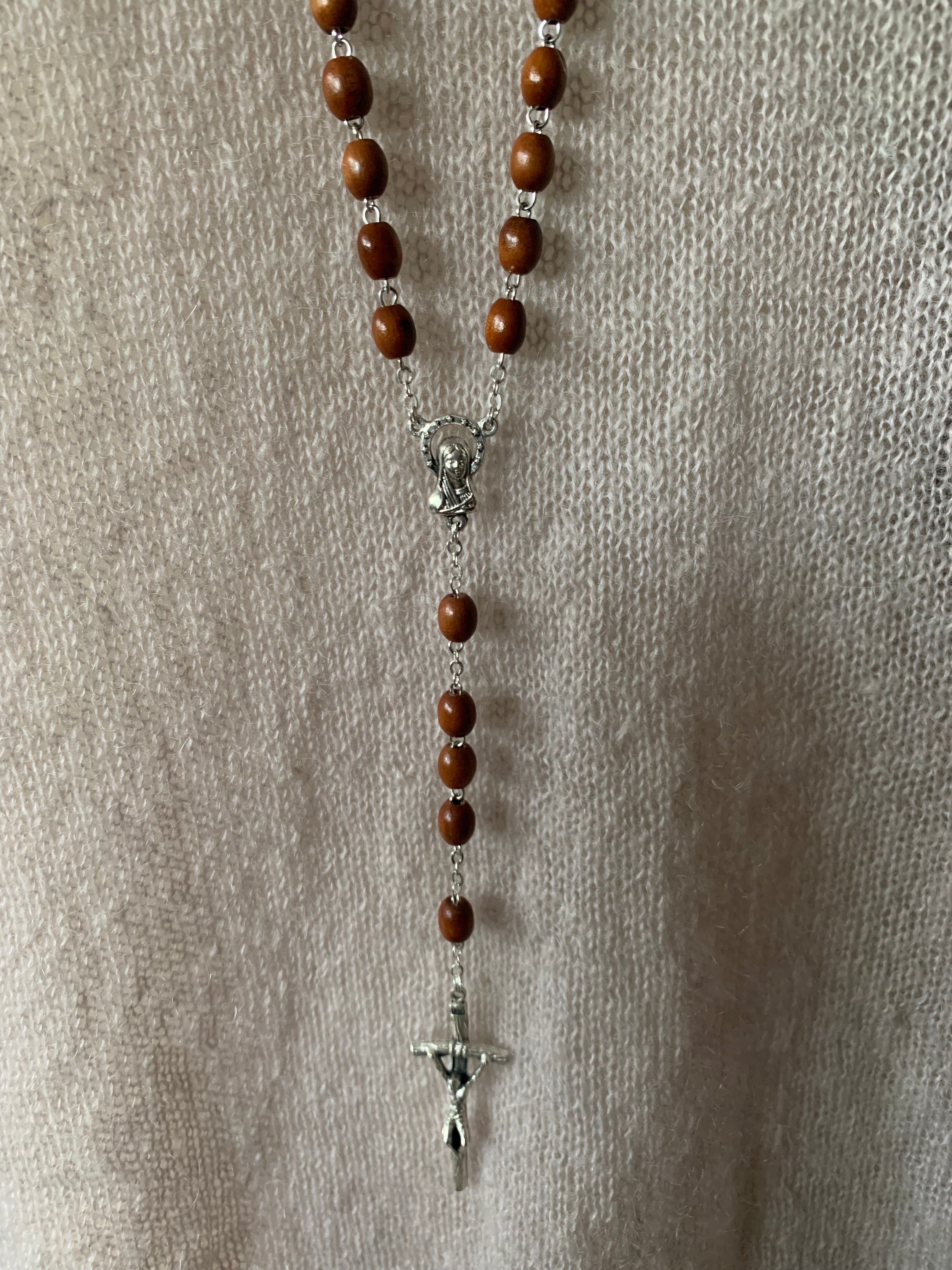 Vintage Wood Rosary Bead Necklace