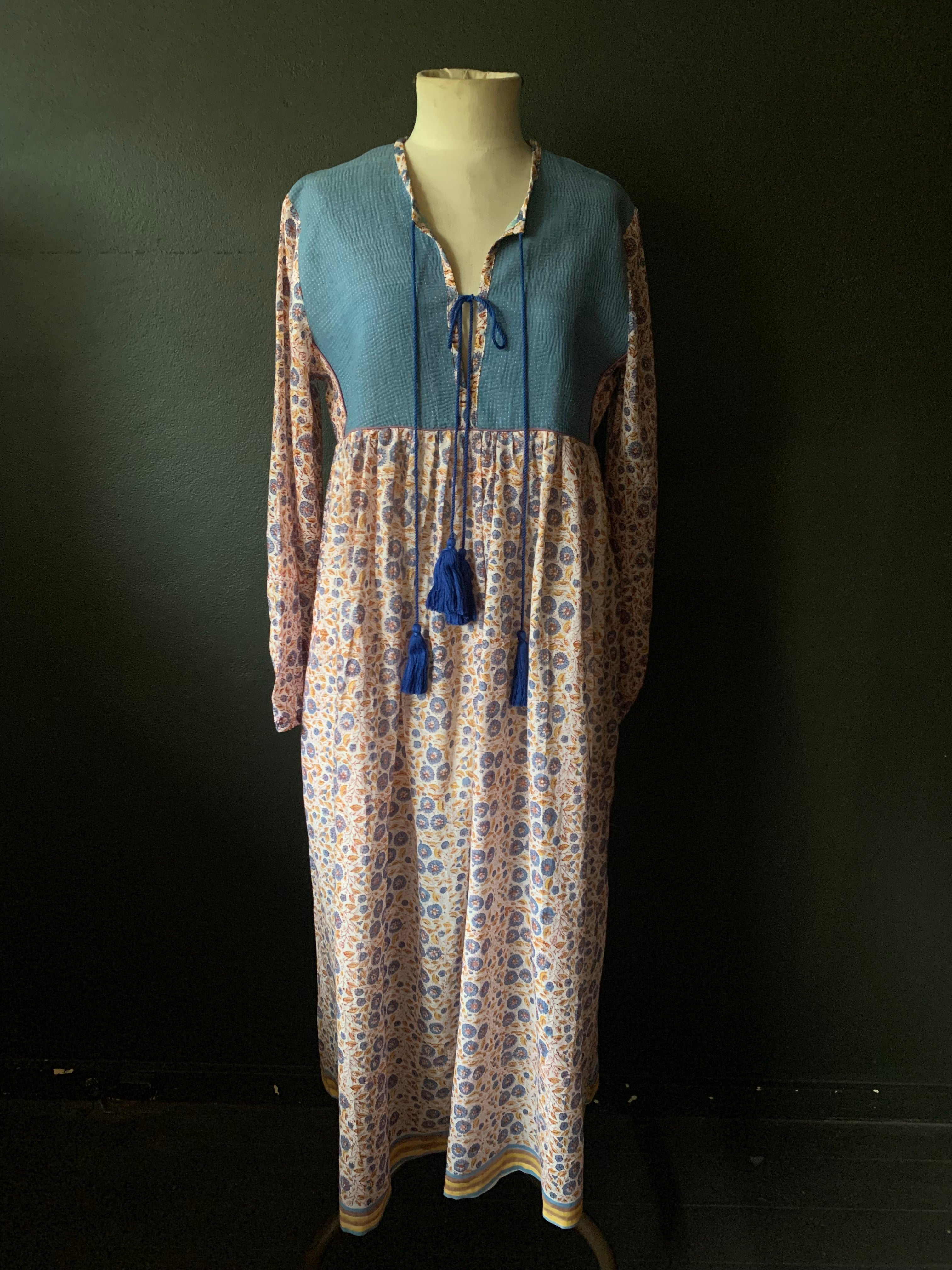 Gypsy Dress -  Woodblock Printed Cotton with Vintage Kantha Panels - Mid Blue