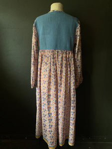 Gypsy Dress -  Woodblock Printed Cotton with Vintage Kantha Panels - Mid Blue