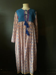 Gypsy Dress -  Woodblock Printed Cotton with Vintage Kantha Panels - Dark Blue