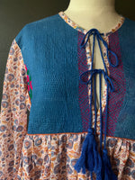 Load image into Gallery viewer, Gypsy Dress -  Woodblock Printed Cotton with Vintage Kantha Panels - Dark Blue
