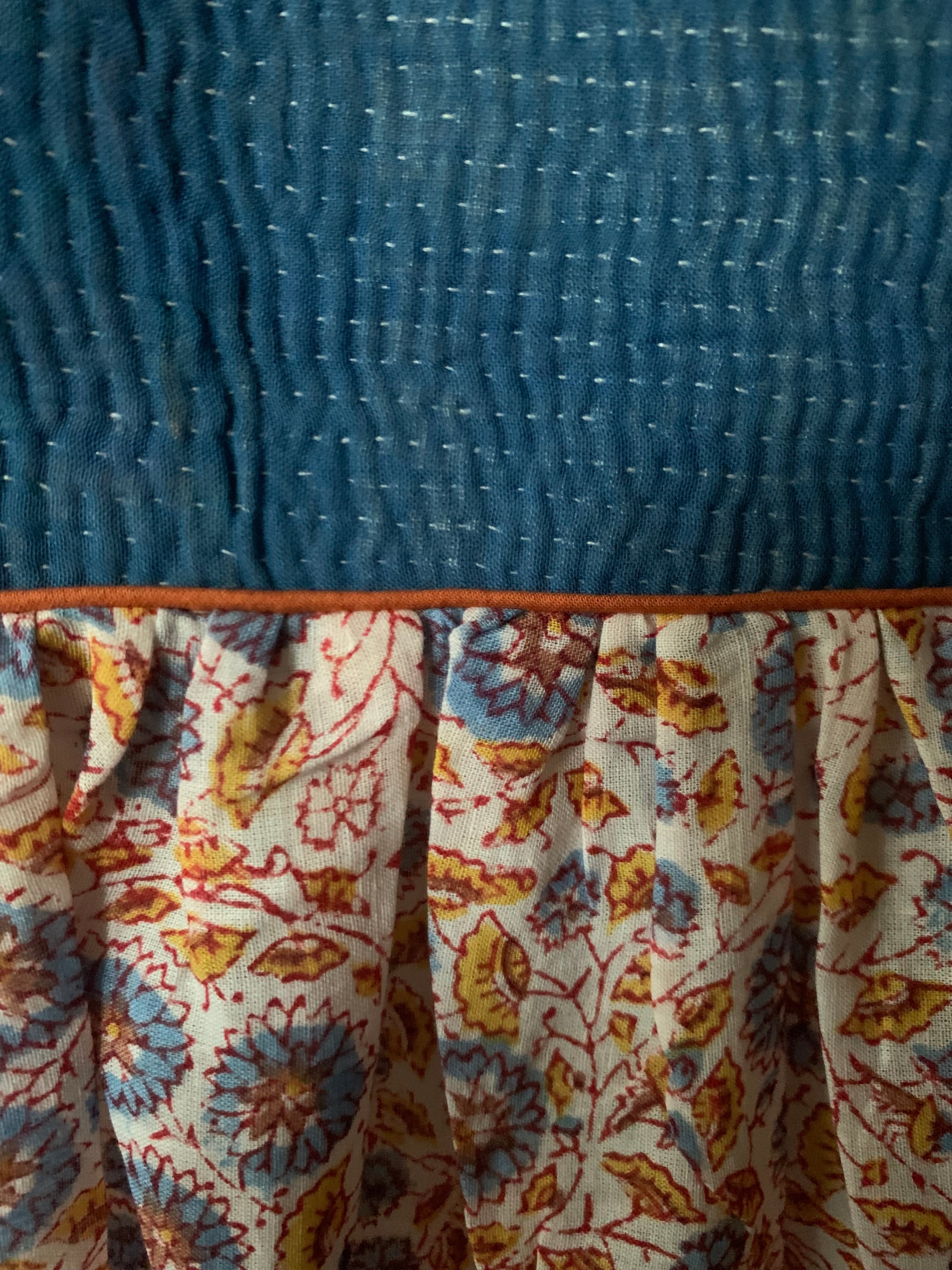 Gypsy Dress -  Woodblock Printed Cotton with Vintage Kantha Panels - Dark Blue