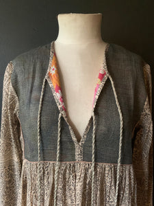 Gypsy Dress -  Woodblock Printed Cotton with Vintage Kantha Panels - Grey with Natural