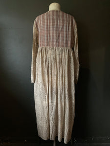 Gypsy Dress -  Woodblock Printed Cotton with Vintage Kantha Panels - Check bodice with Natural