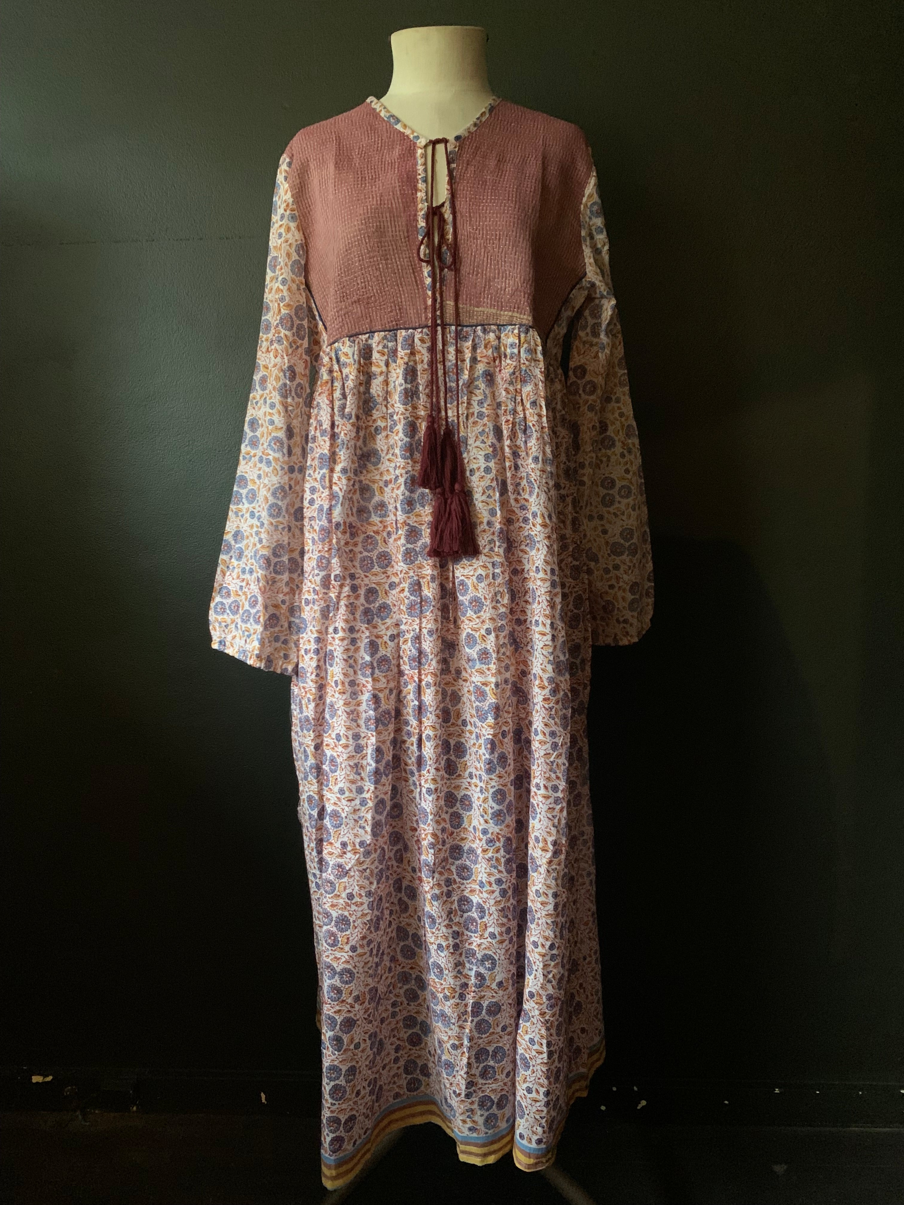 Gypsy Dress -  Woodblock Printed Cotton with Vintage Kantha Panels - Crimson with Floral