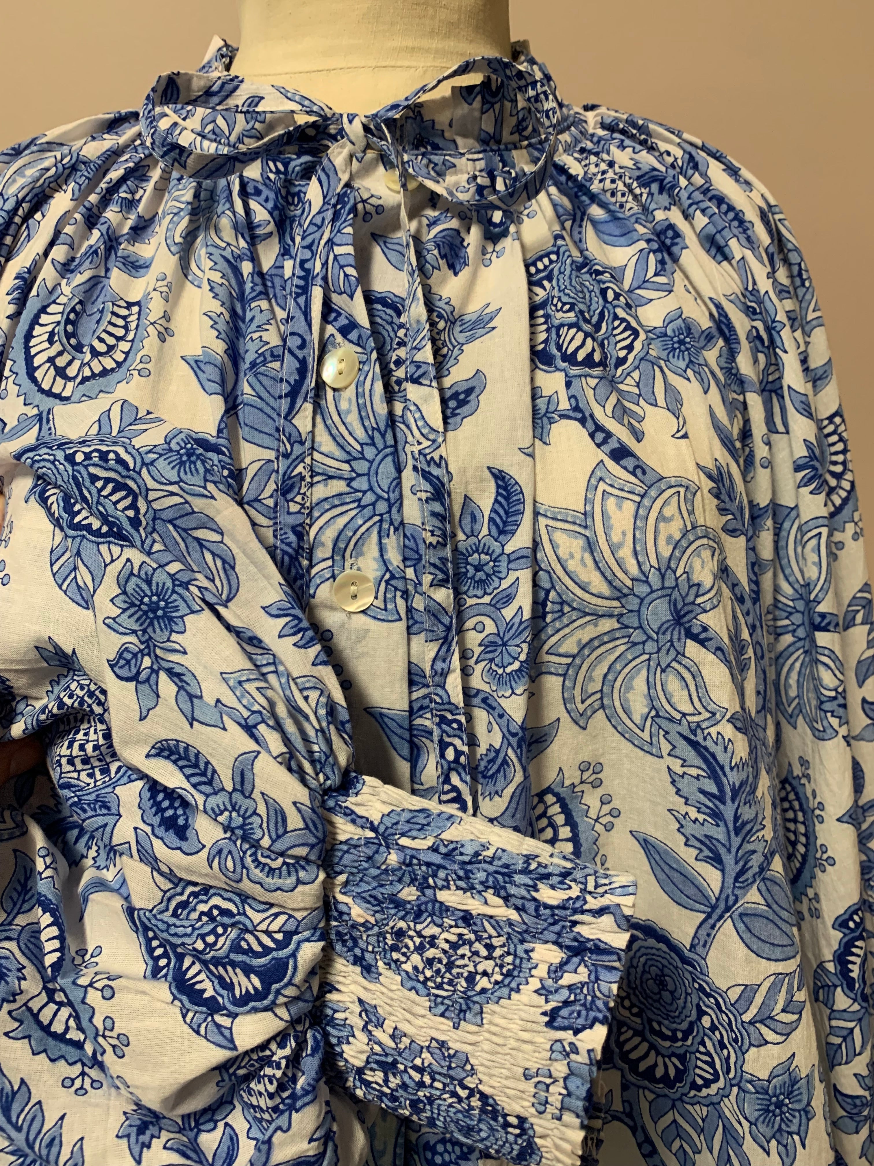 Long Sleeve Faith Top - Woodblock Printed Cotton - Blue and White floral