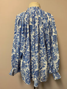 Long Sleeve Faith Top - Woodblock Printed Cotton - Blue and White floral