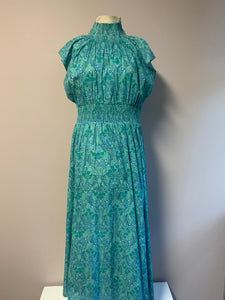 The Fallen Angel Dress - Woodblock Print Turquoise Floral - Onesize - Maxi