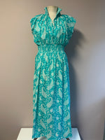 Load image into Gallery viewer, The Fallen Angel Dress - Woodblock Print Aqua White Paisley - Onesize - Maxi
