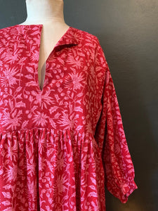 Mary Dress - Red and Pink Woodblock Printed Cotton - 2 sizes